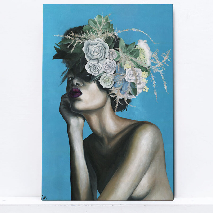 painting of naked girl with flowers on a head