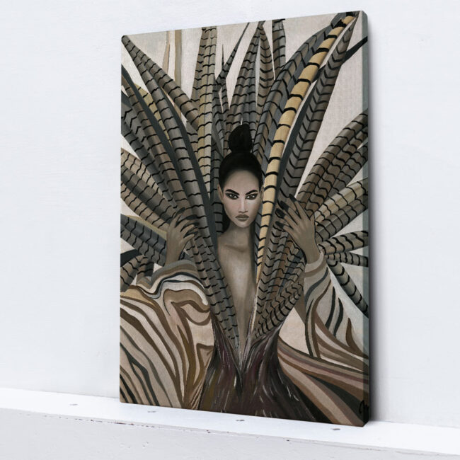 wall art girl with feathers, portrait of a woman