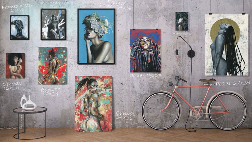 wall with paintings, canvases and framed posters